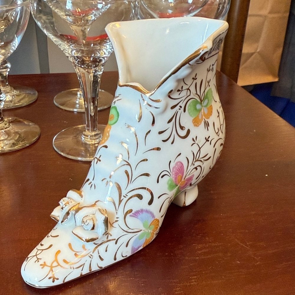 Formalities by Baum Bros. Porcelain Butterfly Boot Vase Figurine White Gold